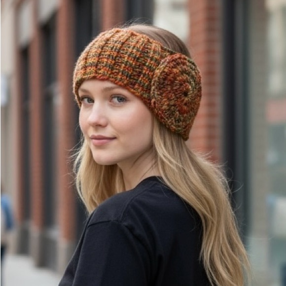 Headband Earwarmer Hand Crafted Multicolor Green Rust Bronze Orange Glitter Knit - Picture 3 of 15